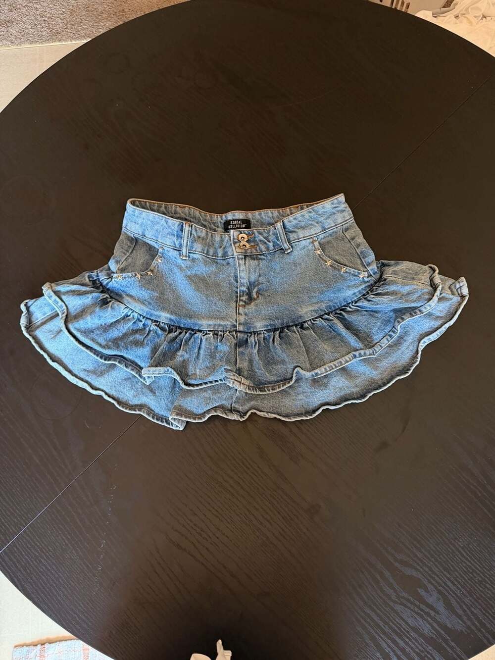 Social Collision Ruffle Hem Denim Mini Skirt with Star Studs
